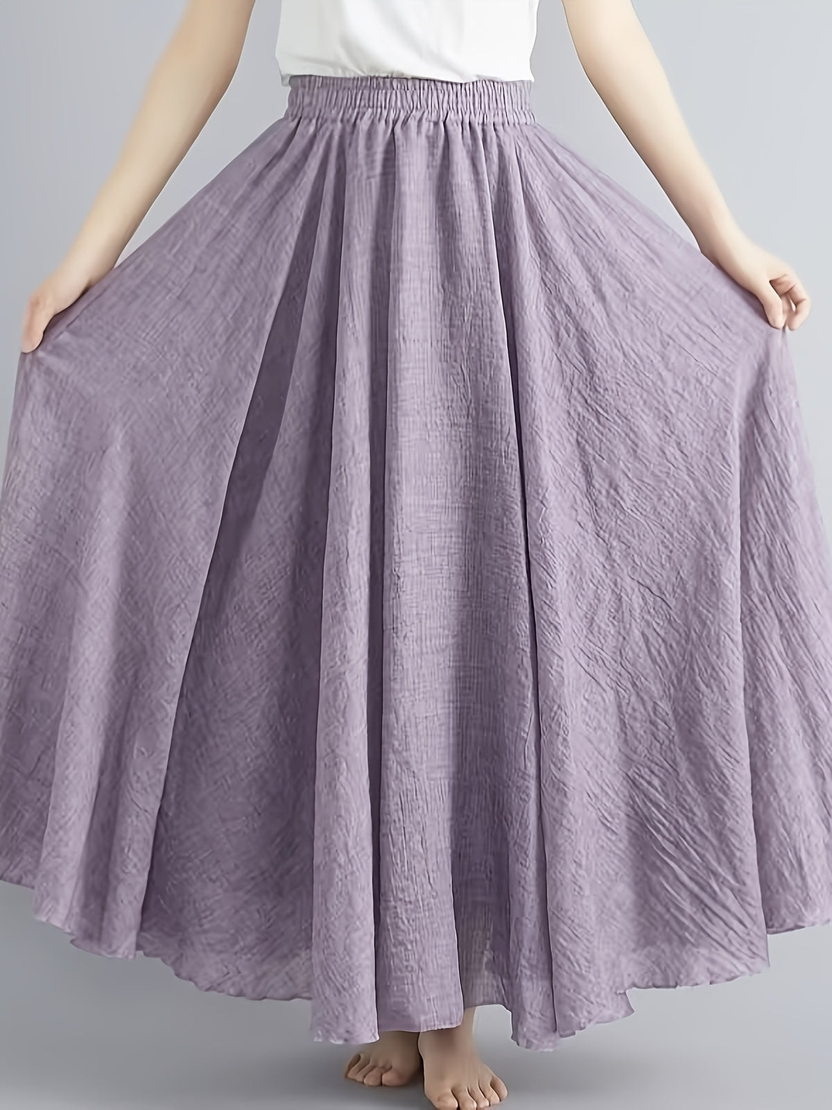 Solid Color Ethnic Style Literary Double-Layer Non-See-Through Midi Skirt for Women, Spring Summer Autumn Zen Style Long Dress with Wide Hem, High Waist Flowy - Violet.