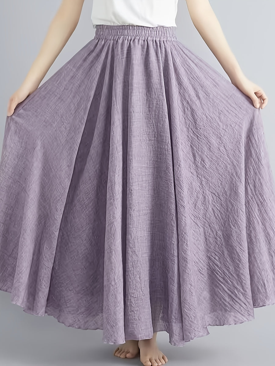 Solid Color Ethnic Style Literary Double-Layer Non-See-Through Midi Skirt for Women, Spring Summer Autumn Zen Style Long Dress with Wide Hem, High Waist Flowy - Violet.