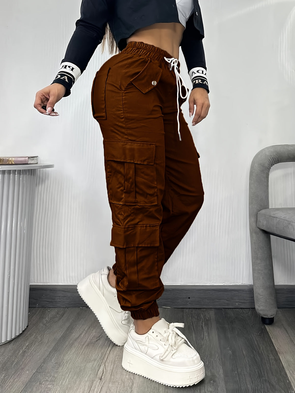 Christmas, Women'S Casual Drawstring Elastic Waist Jogger Pants, Minimalist Design Y2K Street Style Multiple Pockets Spring/Summer - Coffee Brown