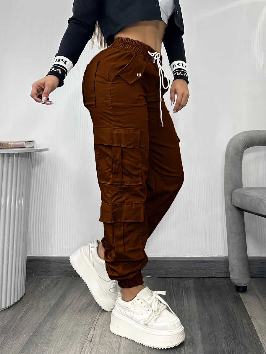 Christmas, Women'S Casual Drawstring Elastic Waist Jogger Pants, Minimalist Design Y2K Street Style Multiple Pockets Spring/Summer - Coffee Brown