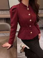 Women's Autumn/Winter Elegant Stand Collar Tweed Waist-Cinched Short Blazer, Single-Breasted Metal Button Slim Fit Commuter Short Jacket Top/Suit Jacket 9A13336 - Burgundy