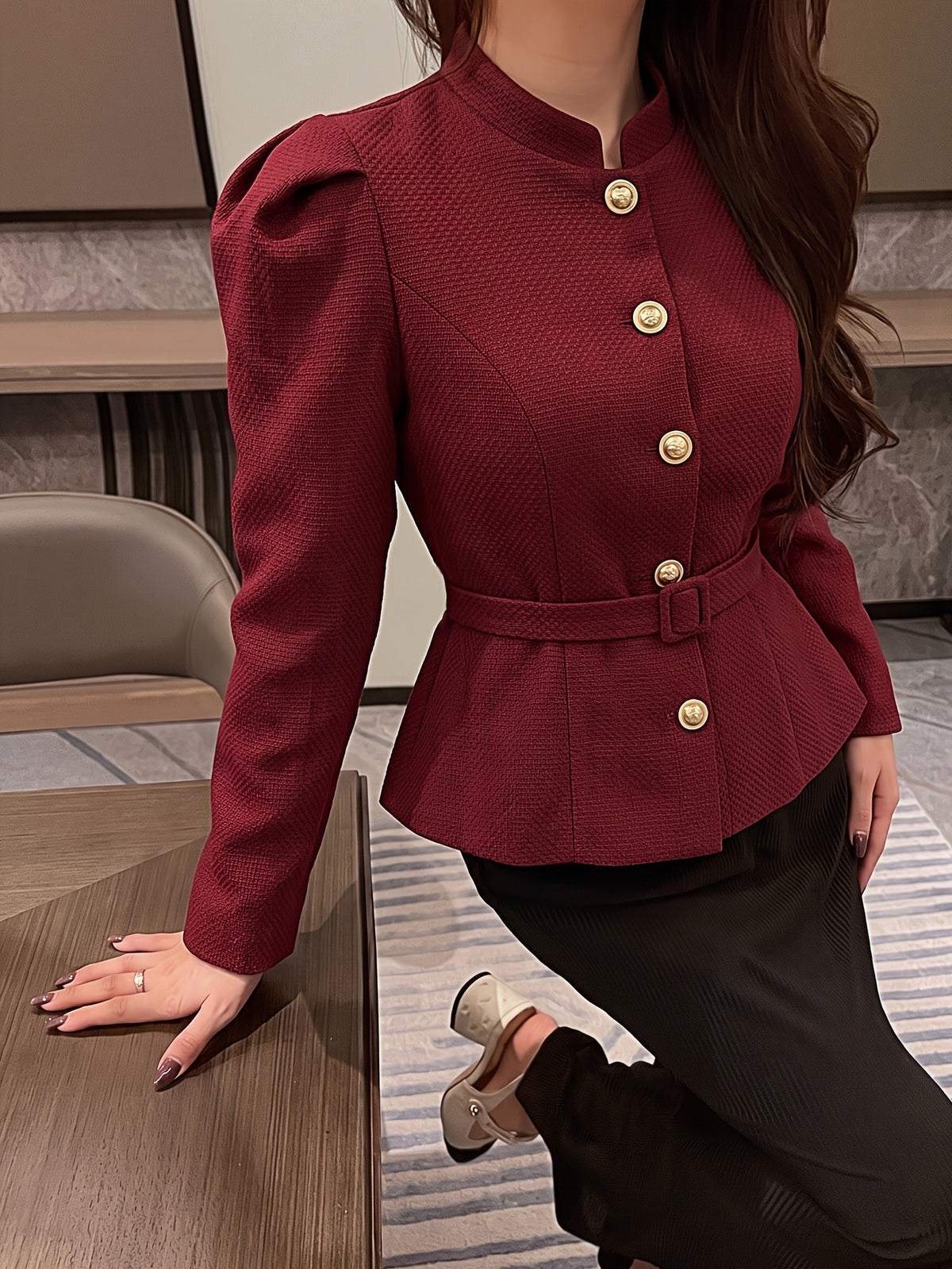 Women's Autumn/Winter Elegant Stand Collar Tweed Waist-Cinched Short Blazer, Single-Breasted Metal Button Slim Fit Commuter Short Jacket Top/Suit Jacket 9A13336 - Burgundy