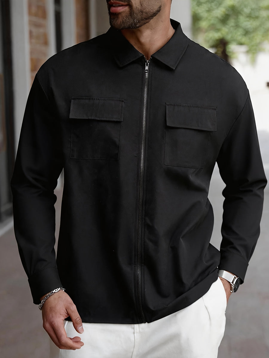 Men's Long-Sleeve Solid Color Zipper Shirt with Dual Pockets, Simple and Trendy Fashionable Casual Shirt - Black