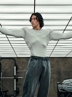 Men's Fitness Workout Crew Neck Long Sleeve Stretch Quick-Dry Slim Fit Top, Suitable for Training, Fitness, Sports, Running, Cycling, Fashionable Casual Long Sleeve - Grey