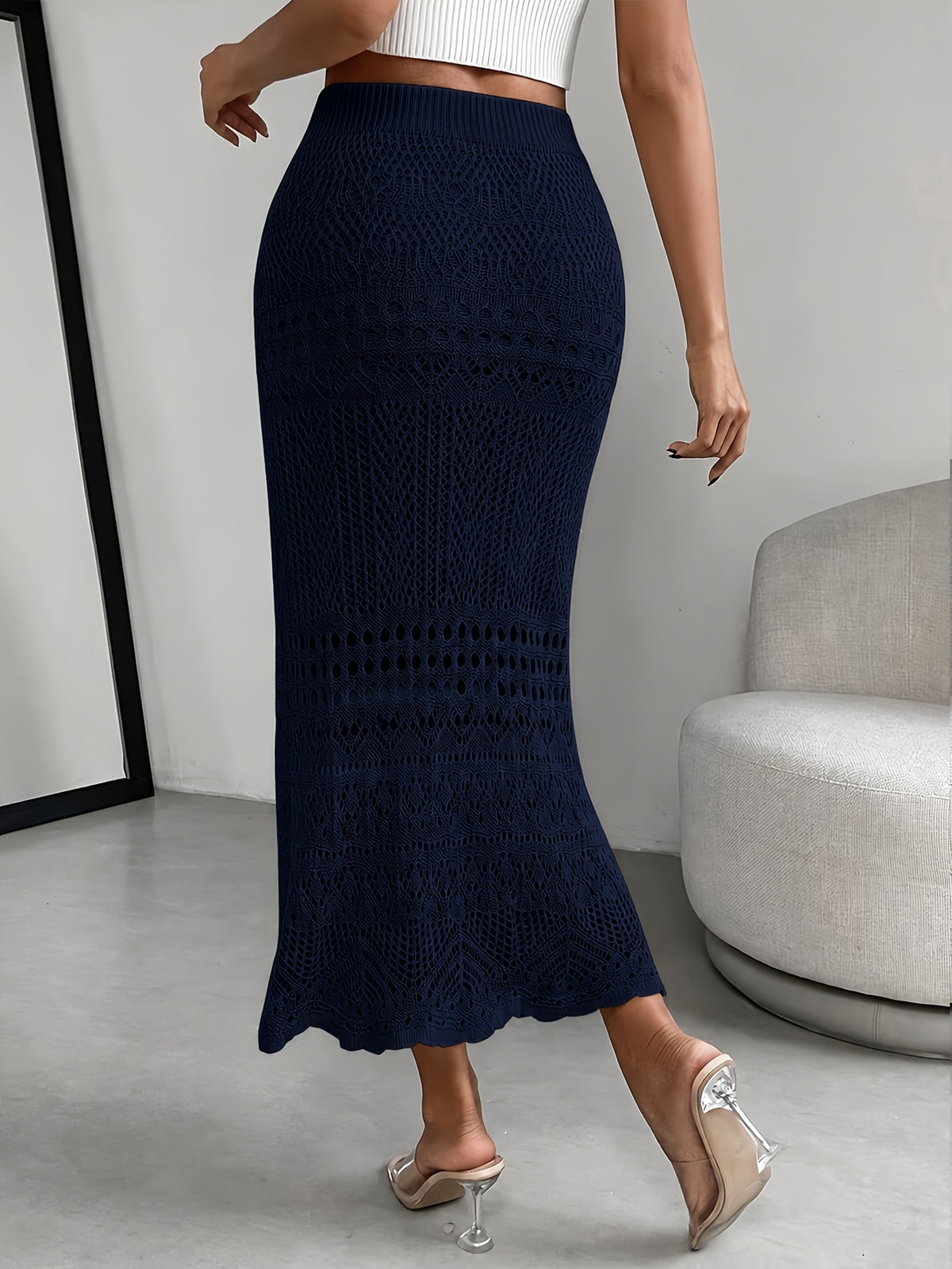 Women's Solid Color Hollow-Out Long Elegant Dress, Suitable for Summer, Spring, Summer Beach Vacation Style, Daily Casual Wear - Navy Color