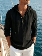Men's Lightweight Summer Linen Hooded Top, Casual Breathable Henley Neck Hoodie, Versatile Everyday Casual Top - Black