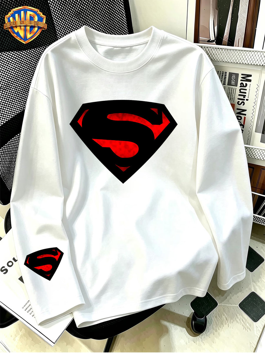 DC Superman Dark Distressed S-Logo Print, Men'S Breathable Athletic Long Sleeve T-Shirt, 100% Round Neck Casual Base Layer, Comfortable And Skin-Friendly for Sports, Exercise, Daily Outings - White