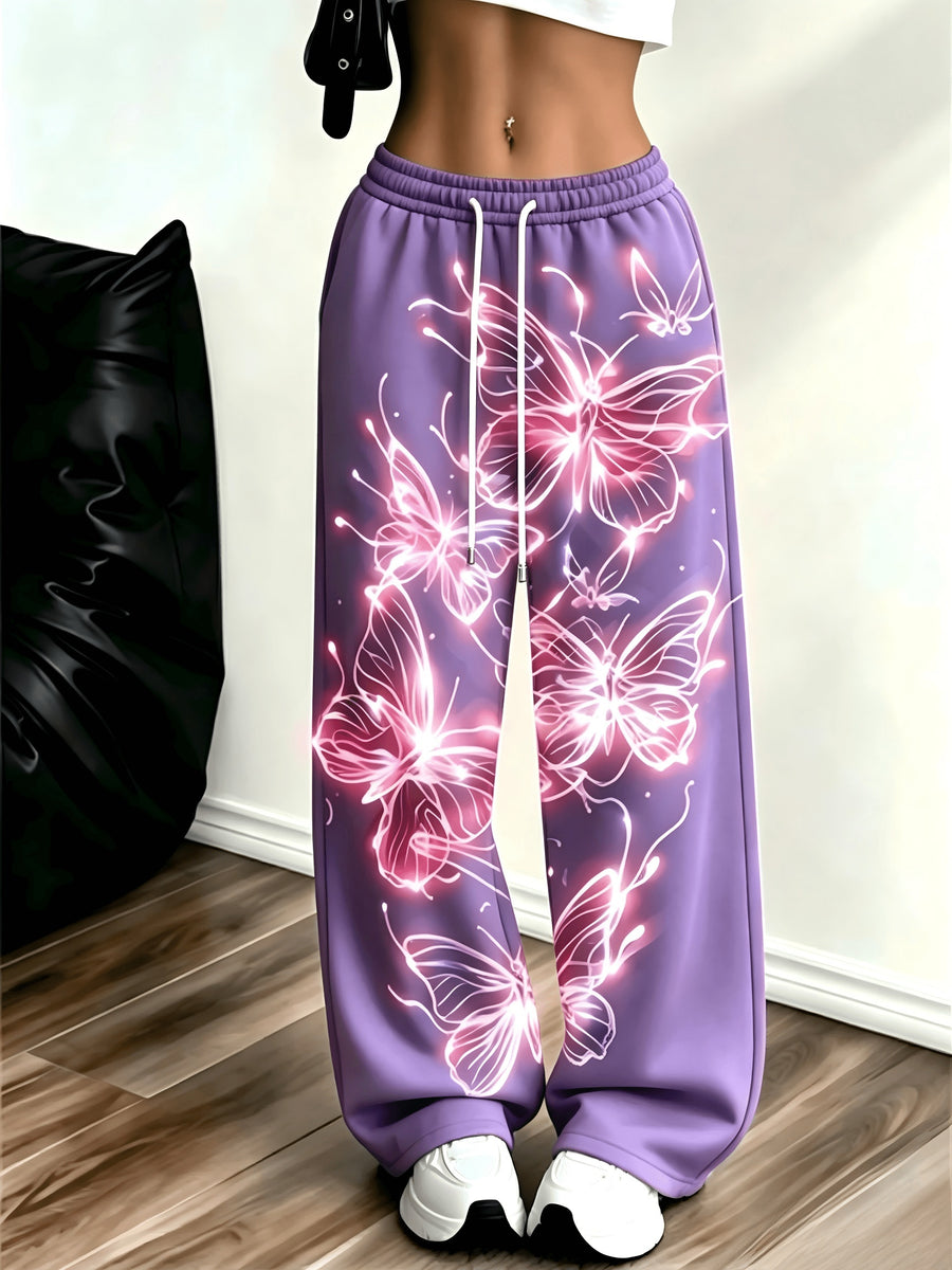 Women's Neon Butterfly Glow-in-the-dark Pattern Jogging Pants with Pockets, Elastic Waistband, and Straight-leg Design - Violet