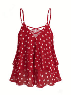 2026 New Black And White Polka Dot Spaghetti Strap Cami, Double-Layer Flowing Skirt Hem, Vacation Style Top, Lazy Style Polka Dot Chiffon Cami, Double-Layer A-Line Fit, Versatile Casual Date Sleeveless Top - Red
