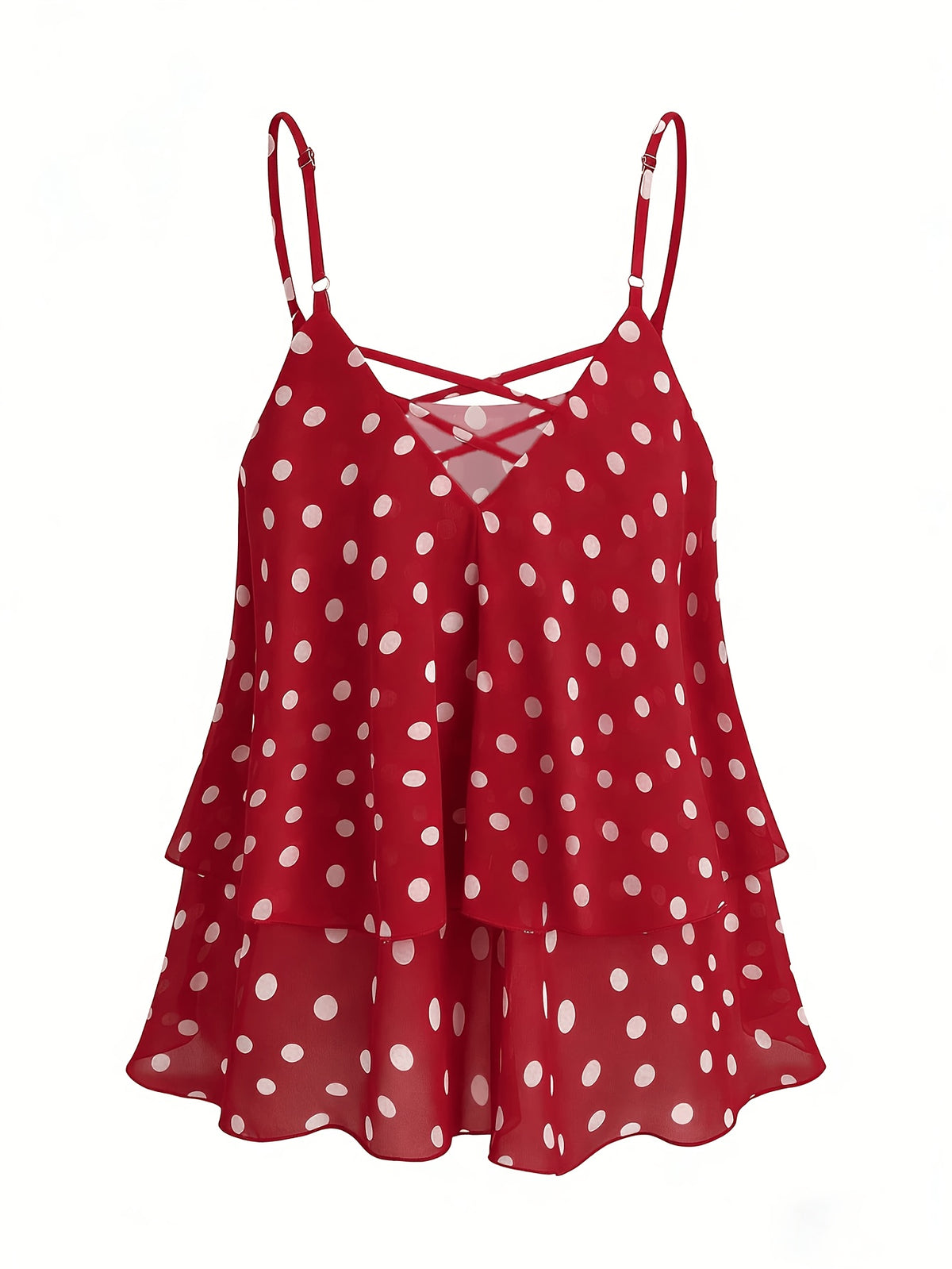 2026 New Black And White Polka Dot Spaghetti Strap Cami, Double-Layer Flowing Skirt Hem, Vacation Style Top, Lazy Style Polka Dot Chiffon Cami, Double-Layer A-Line Fit, Versatile Casual Date Sleeveless Top - Red
