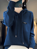 Women's Medium-weight Button-up Hooded Pullover Sweater, Solid Color Long Sleeves, Fashionable Casual Style - Algae Blue