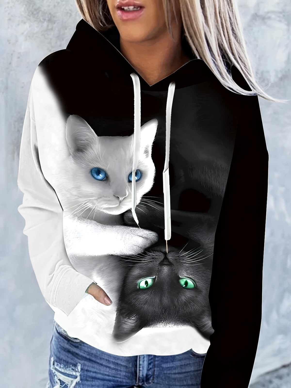 2023 New European And American Style Printed Loose Hooded Sweatshirt Jacket for Women for Autumn And Winter - Black