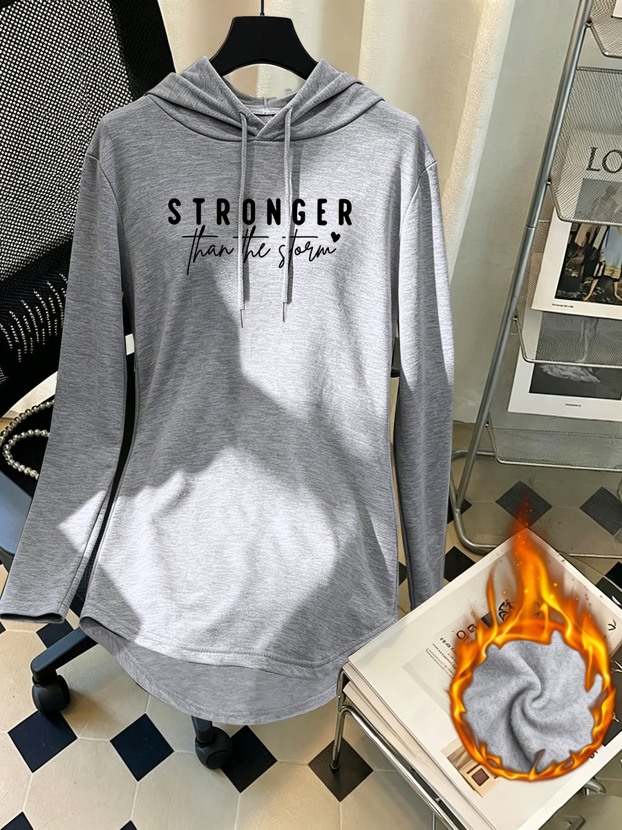 Mid-Length Hooded Sweatshirt for Women, Loose Hip-Covering Letter Print Drawstring Pullover Top - Light Grey