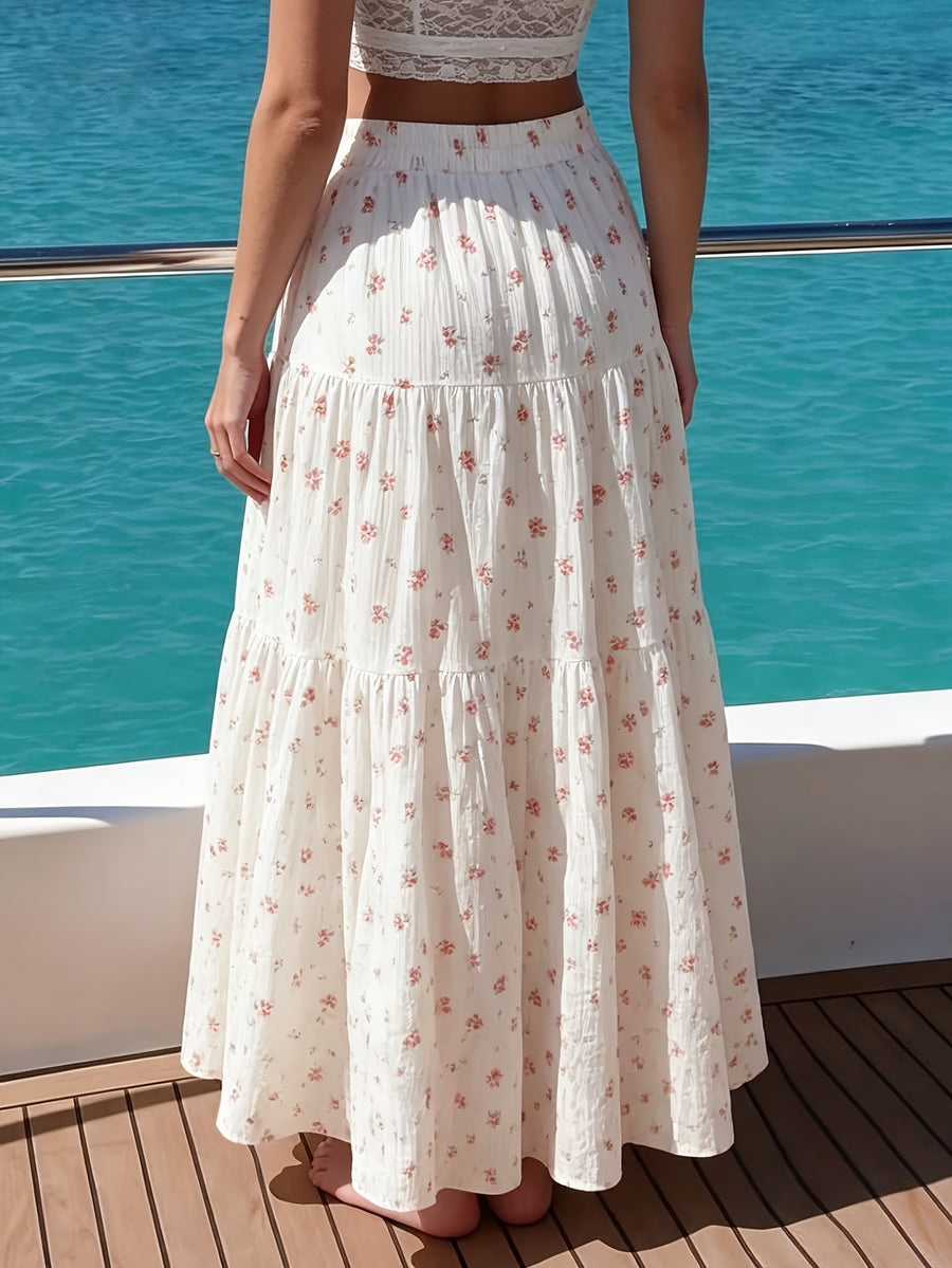Women's Bohemian Floral Print Maxi Dress with Ruffle Hem & - Loose Fit Midi to Maxi Length Dress Suitable for Vacation, Weddings, Casual Outfits, Spring Summer Dress - Red And White