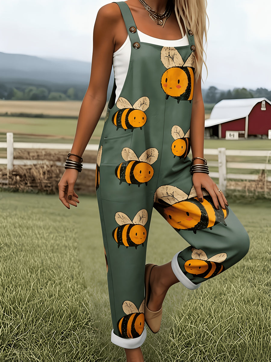 Green Jumpsuit with Cartoon Bee Pattern - 0578 - Multicolor