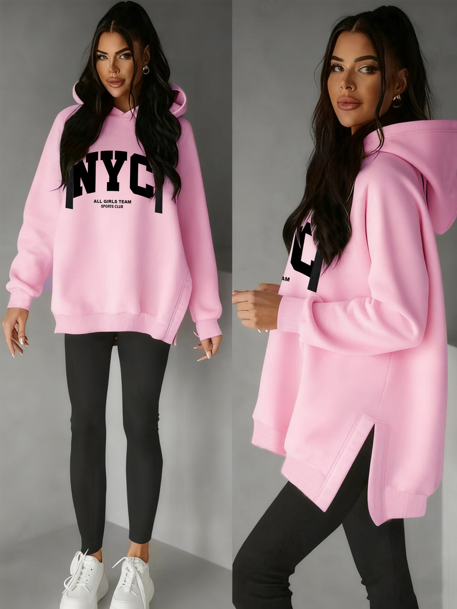 Women'S Stylish Hoodie with Side Slits And Drawstring for Autumn And Winter, Perfect for And Casual Wear, Featuring Cute Prints And a Comfortable Fit, Available in Multiple Colors - Pink Color