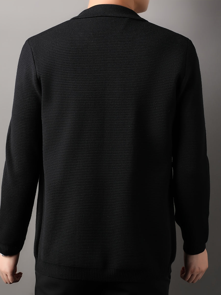 [Whale-Crossing Lan OBM] 1pc Autumn/Winter New Men'S Knit Cardigan, Old Money Style Solid Color Lapel Pocket Button-Front Single-Breasted Cardigan Men'S Business Casual Fashion Button-Front Knit Top, Suitable for Spring, Autumn, Winter Outerwear - Black