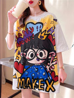 Summer New Fashion Trend Large Size Women's Slim Loose Medium Long Cartoon Short-sleeved T-shirt - White