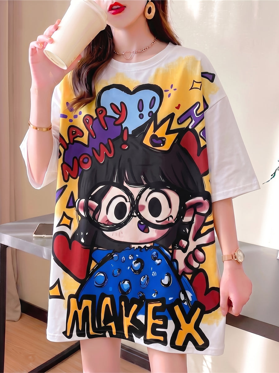 Summer New Fashion Trend Large Size Women's Slim Loose Medium Long Cartoon Short-sleeved T-shirt - White