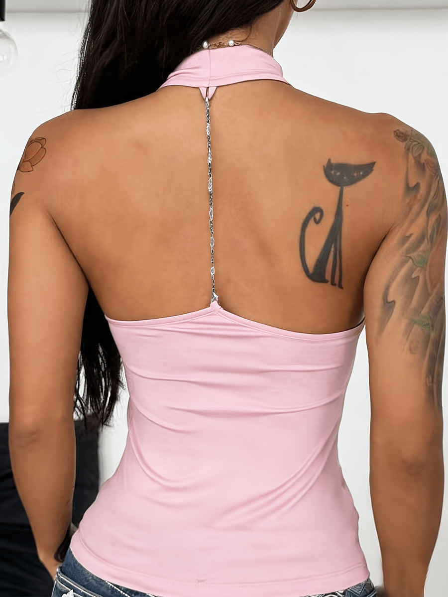Women'S All-Season Halter Neck Sexy Y2K Style Women'S Clothing Draped Collar Slim Fit Backless Beaded Camisole Top [ZLLZ] - Pink
