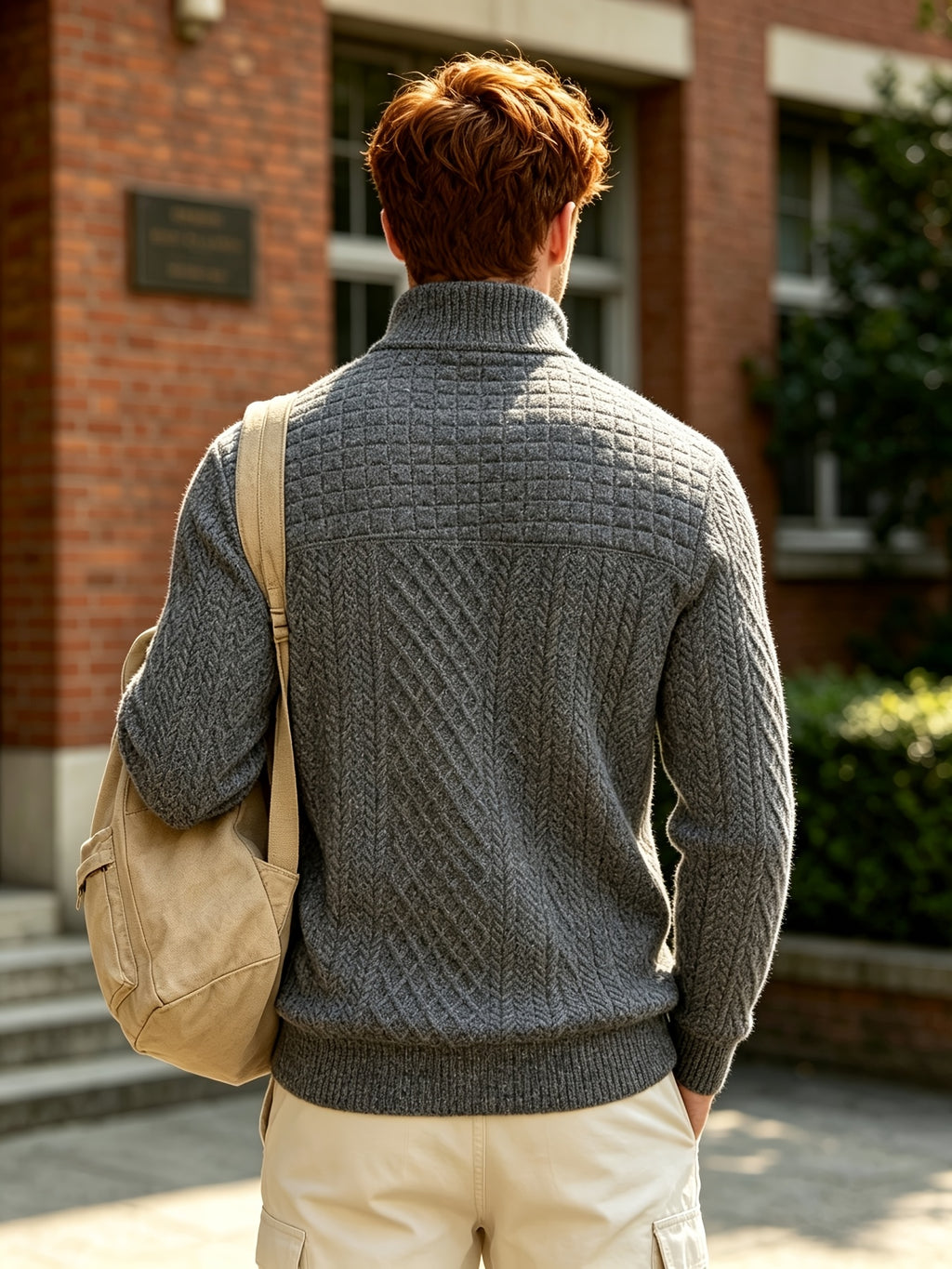 [Josh Mei OBM] Preppy Casual Style Men'S Jacquard Texture Henley Collar Long Sleeve Pullover, Diamond Check Patchwork Design with Ribbed Cuffs And Hem, Stretchy Skin-Friendly Slim Fit Fall Winter Versatile Style - Dark Gray