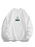 Men'S Crew Neck Sweatshirt, Spring Autumn Letter Print Pullover Top, Youth Loose Casual Versatile Long Sleeve Base Shirt - White