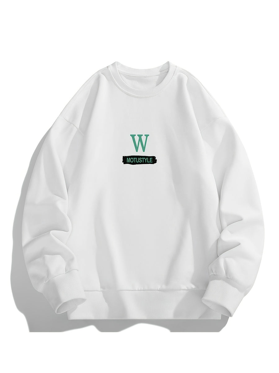 Men'S Crew Neck Sweatshirt, Spring Autumn Letter Print Pullover Top, Youth Loose Casual Versatile Long Sleeve Base Shirt - White