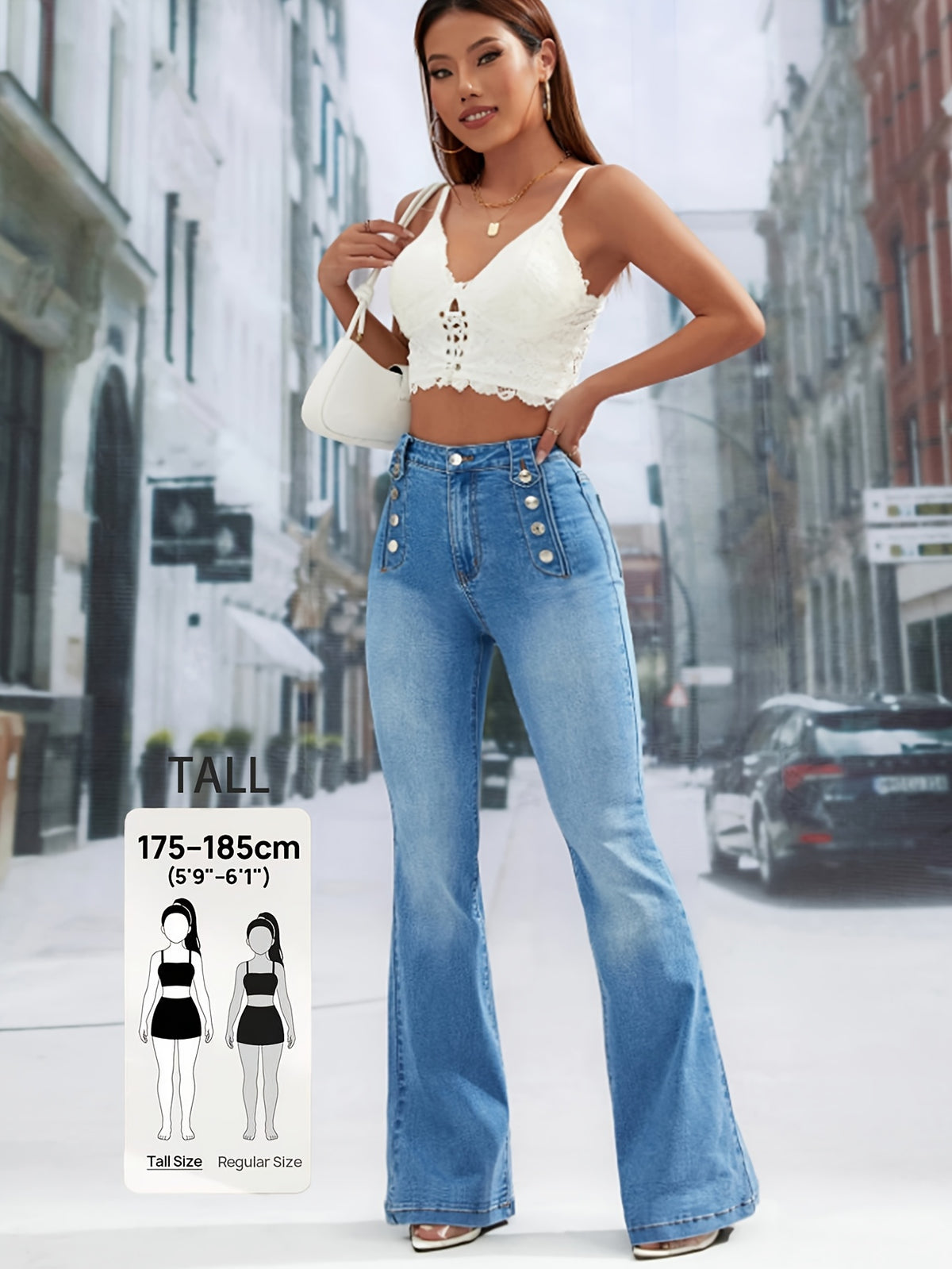 TALL Tall Size Denim Flare Jeans for Tall Women, Casual Elegant All-Match Light Blue Washed Flare Jeans, Stretch Fabric, Button-Detail, Suitable for Daily Commute And Casual Outings, 175Cm-185Cm Women'S Denim Flare Jeans - Light Blue
