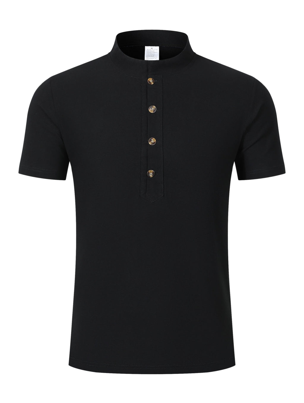 Men's Mountain Graphic Short Sleeve Henley Shirt, Mandarin Collar Half Placket Button Casual T-Shirt, Lightweight And Linen Blend Texture Summer Beach Tops - Black