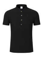 Men's Mountain Graphic Short Sleeve Henley Shirt, Mandarin Collar Half Placket Button Casual T-Shirt, Lightweight And Linen Blend Texture Summer Beach Tops - Black
