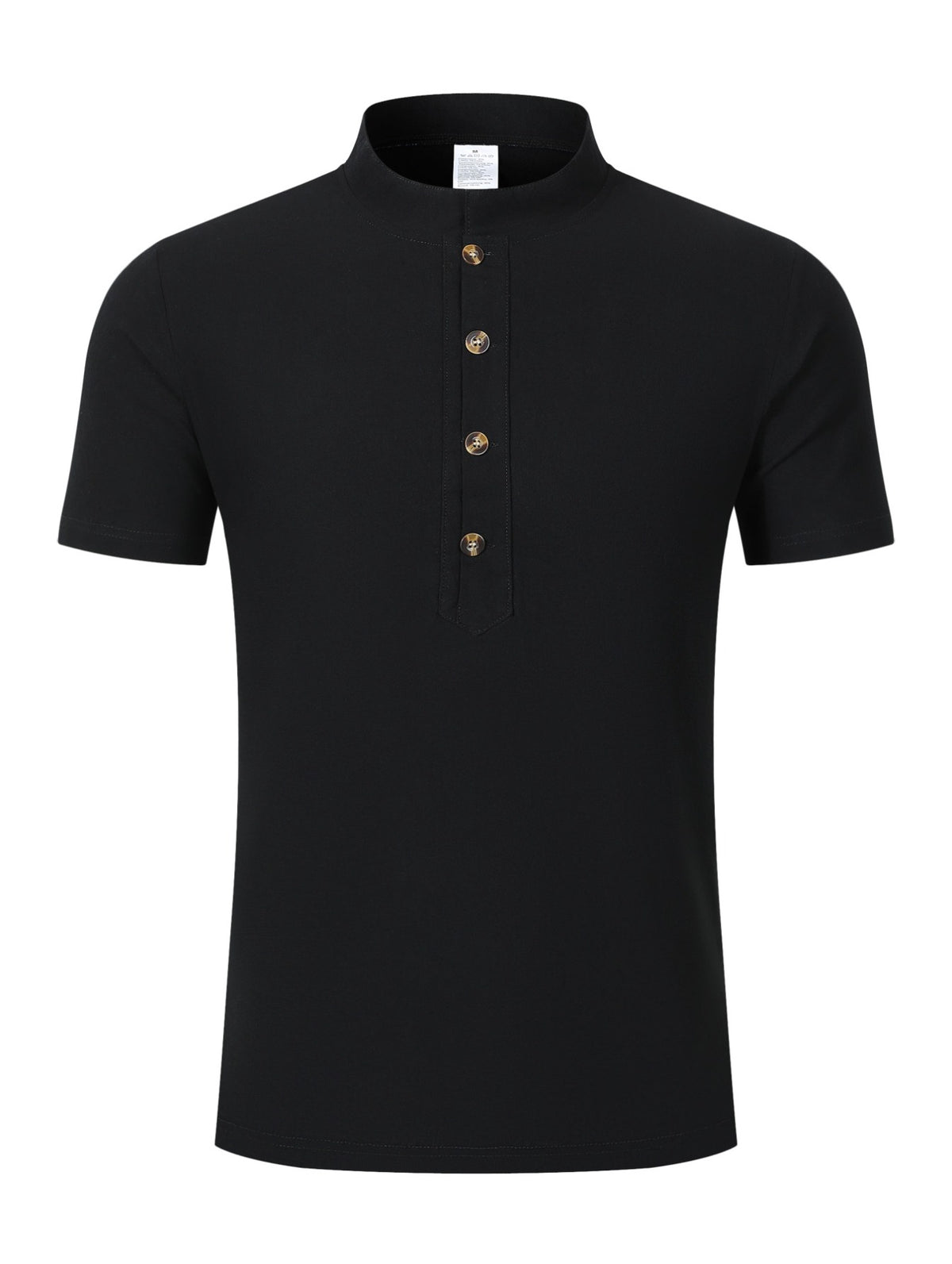 Men's Mountain Graphic Short Sleeve Henley Shirt, Mandarin Collar Half Placket Button Casual T-Shirt, Lightweight And Linen Blend Texture Summer Beach Tops - Black