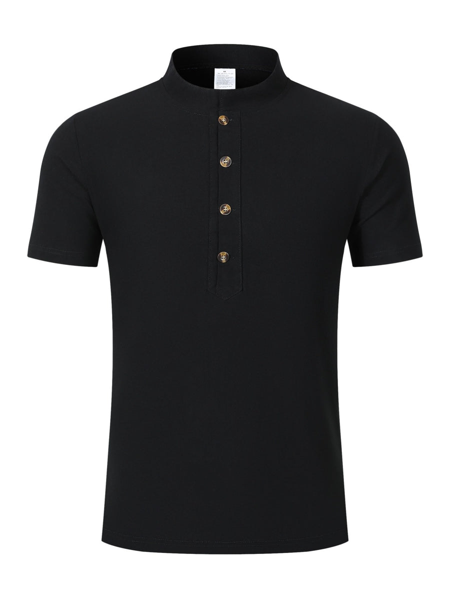 Men's Mountain Graphic Short Sleeve Henley Shirt, Mandarin Collar Half Placket Button Casual T-Shirt, Lightweight And Linen Blend Texture Summer Beach Tops - Black