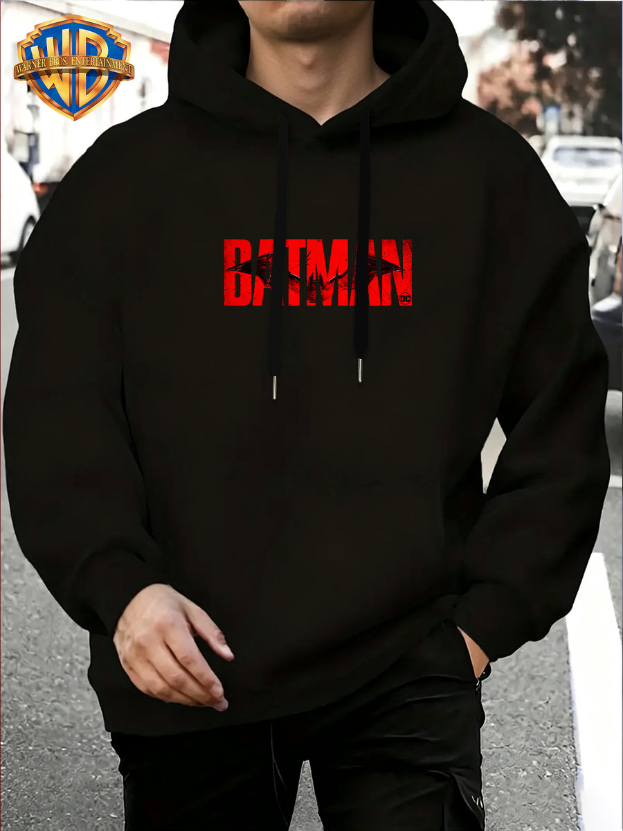 Warner Men'S Autumn Winter Hoodie, Batman Theme Print Trendy Sweatshirt, Gotham City Series Athletic Preppy Design, Unisex Street Fashion Item for Casual Wear And Leisure Travel, Popular Element Enhancement - Black