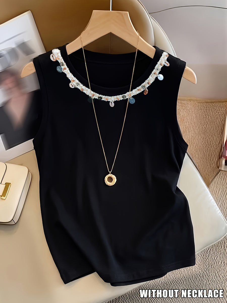 New Autumn/Winter Women's Sleeveless Tank Top with Exquisite Neckline Pendant Embellishment, Simple and Stylish Solid Color Slim-Fit Top, Elegant and Casual Versatile Cool and Breathable Base Layer (Necklace Not Included) - Black