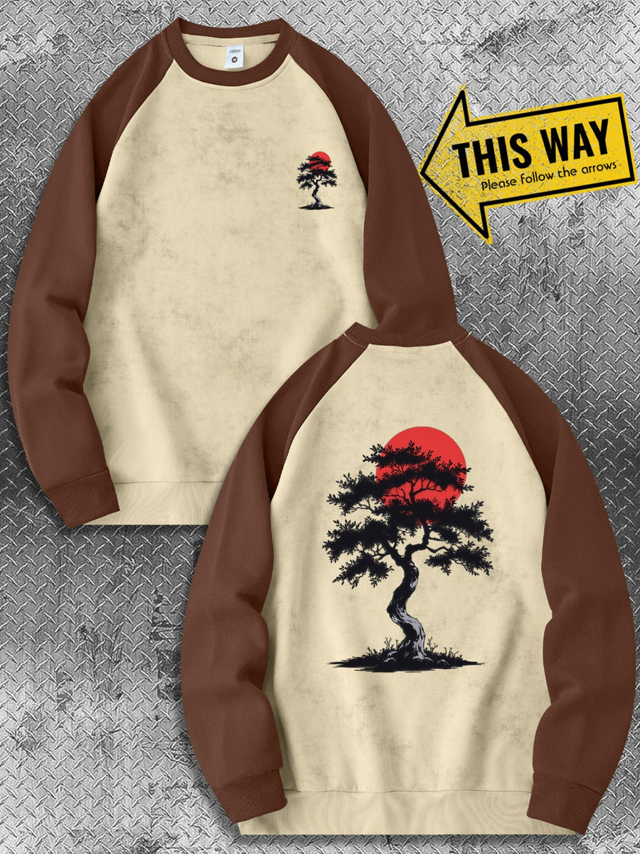 Men'S New Trendy Autumn And Winter Color-Blocked Round-Neck Sweatshirt, Casual And Comfortable with a Bit of Stretch, Featuring a Bonsai Tree Print, Perfect As a Gift for Men - Coffee Color