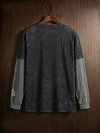 Men's 2-in-1 Look Long-Sleeve T-Shirt, Vintage Washed Minimalist Design Print with Contrast Gray Sleeves, American Street Style Loose Fit Casual Long-Sleeve T-Shirt - Black