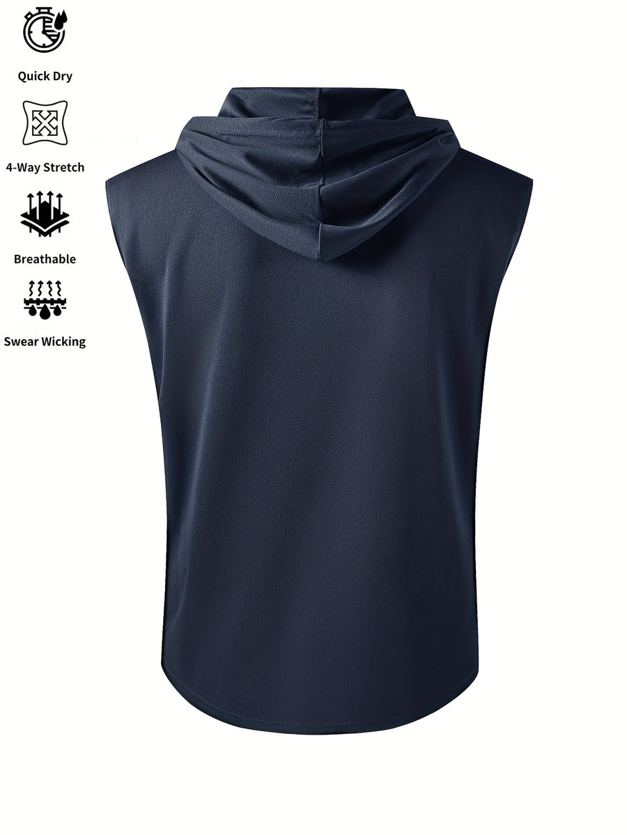 Men's Summer Fitness & Sports Casual Versatile Hooded Tank Top, Men's Casual Comfortable Breathable Hooded Tank Top T-Shirt - Navy Blue