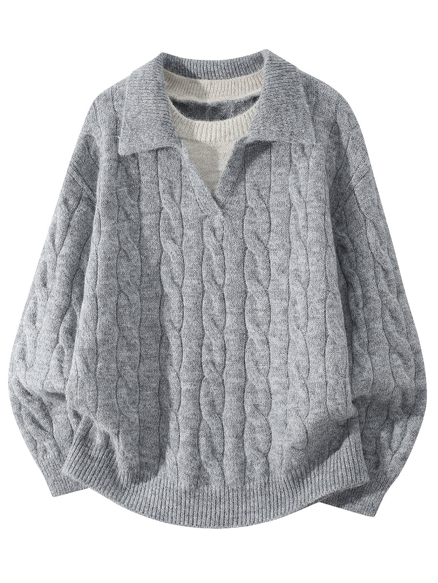 Autumn Winter Polo Neck Sweater Faux Two-Piece Pullover Knit Thick Inner Top - Light Grey