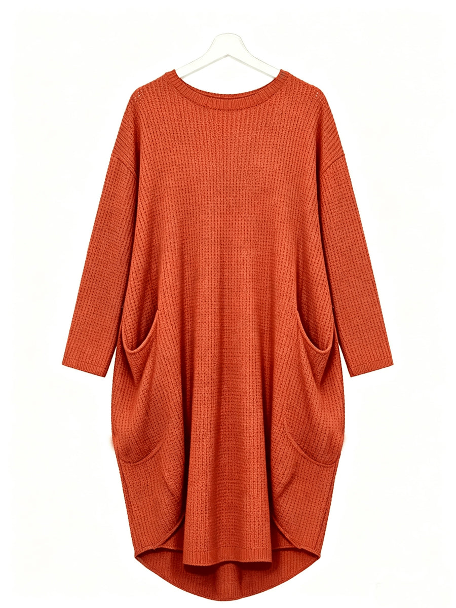 Plus Size - Beautiful Women'S Plus Size Round Neck Loose Long Sleeve Solid Waffle Dress with Pockets - Orange