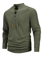 Men's Retro Linen Henley Shirt - Adjustable -Neck Collar & Drawstring Neckline, Lightweight Breathable Suitable for Beach Vacations, Resort Travel, Outdoor Leisure, Casual Pullover Top with Hem, Machine Washable Loose Fit - Olive Green
