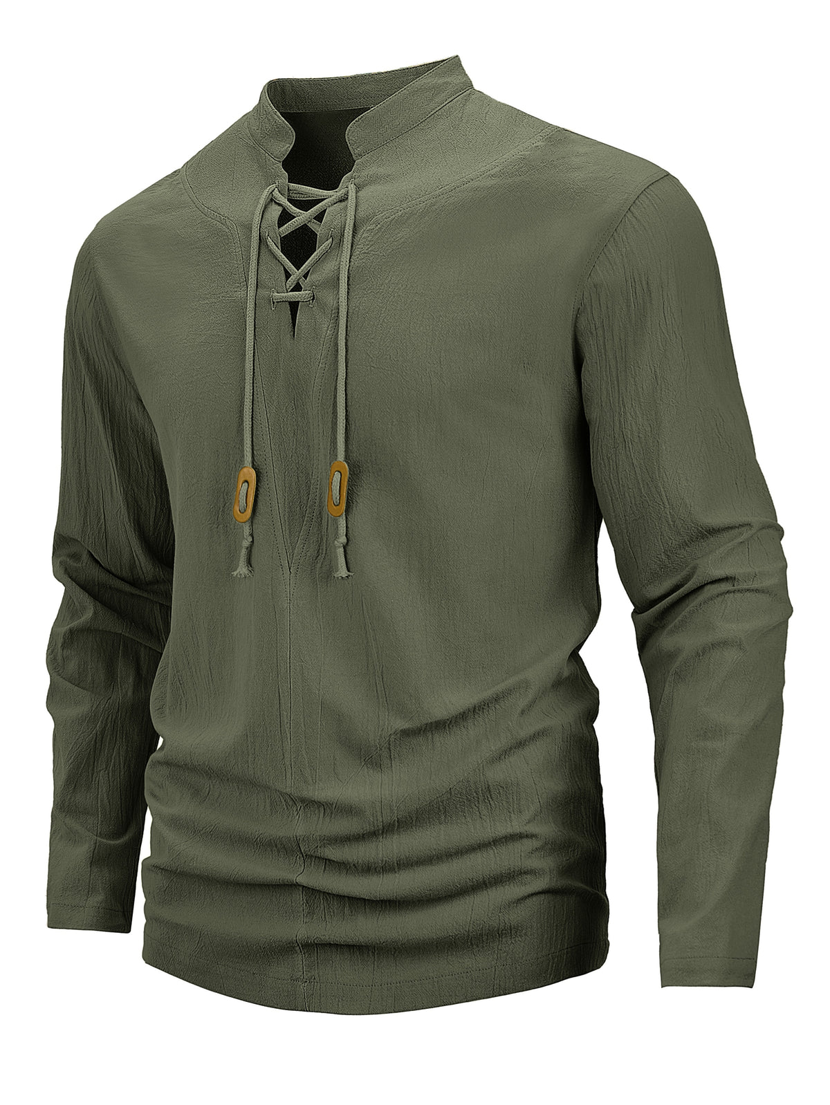 Men's Retro Linen Henley Shirt - Adjustable -Neck Collar & Drawstring Neckline, Lightweight Breathable Suitable for Beach Vacations, Resort Travel, Outdoor Leisure, Casual Pullover Top with Hem, Machine Washable Loose Fit - Olive Green