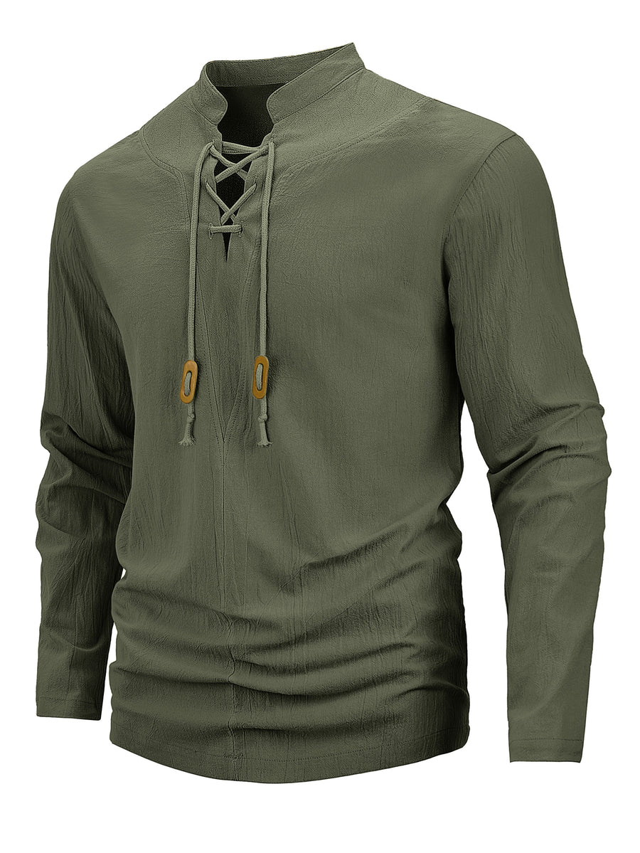 Men's Retro Linen Henley Shirt - Adjustable -Neck Collar & Drawstring Neckline, Lightweight Breathable Suitable for Beach Vacations, Resort Travel, Outdoor Leisure, Casual Pullover Top with Hem, Machine Washable Loose Fit - Olive Green