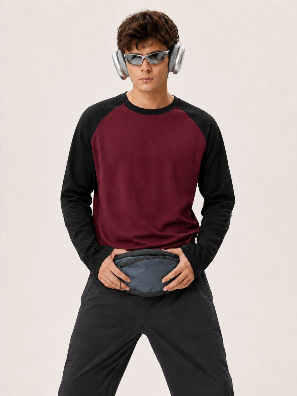 Men'S Long Sleeve Round Neck T-Shirt, a Versatile Color-Block Pullover Top, Men'S Work And T-Shirt, Men'S Top, Casual Work Scene Wear, Applicable for Work Scenes - Black sleeves + red shirt