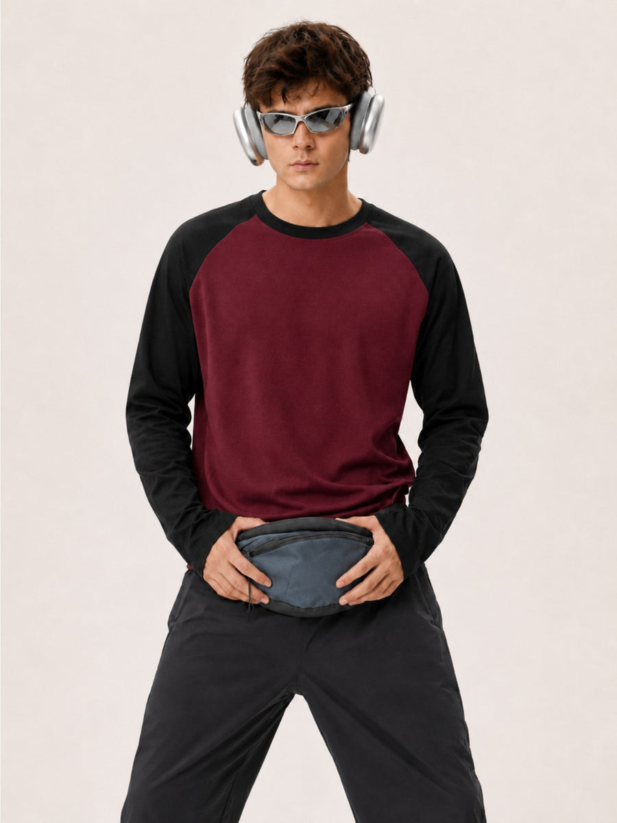Men'S Long Sleeve Round Neck T-Shirt, a Versatile Color-Block Pullover Top, Men'S Work And T-Shirt, Men'S Top, Casual Work Scene Wear, Applicable for Work Scenes - Black sleeves + red shirt