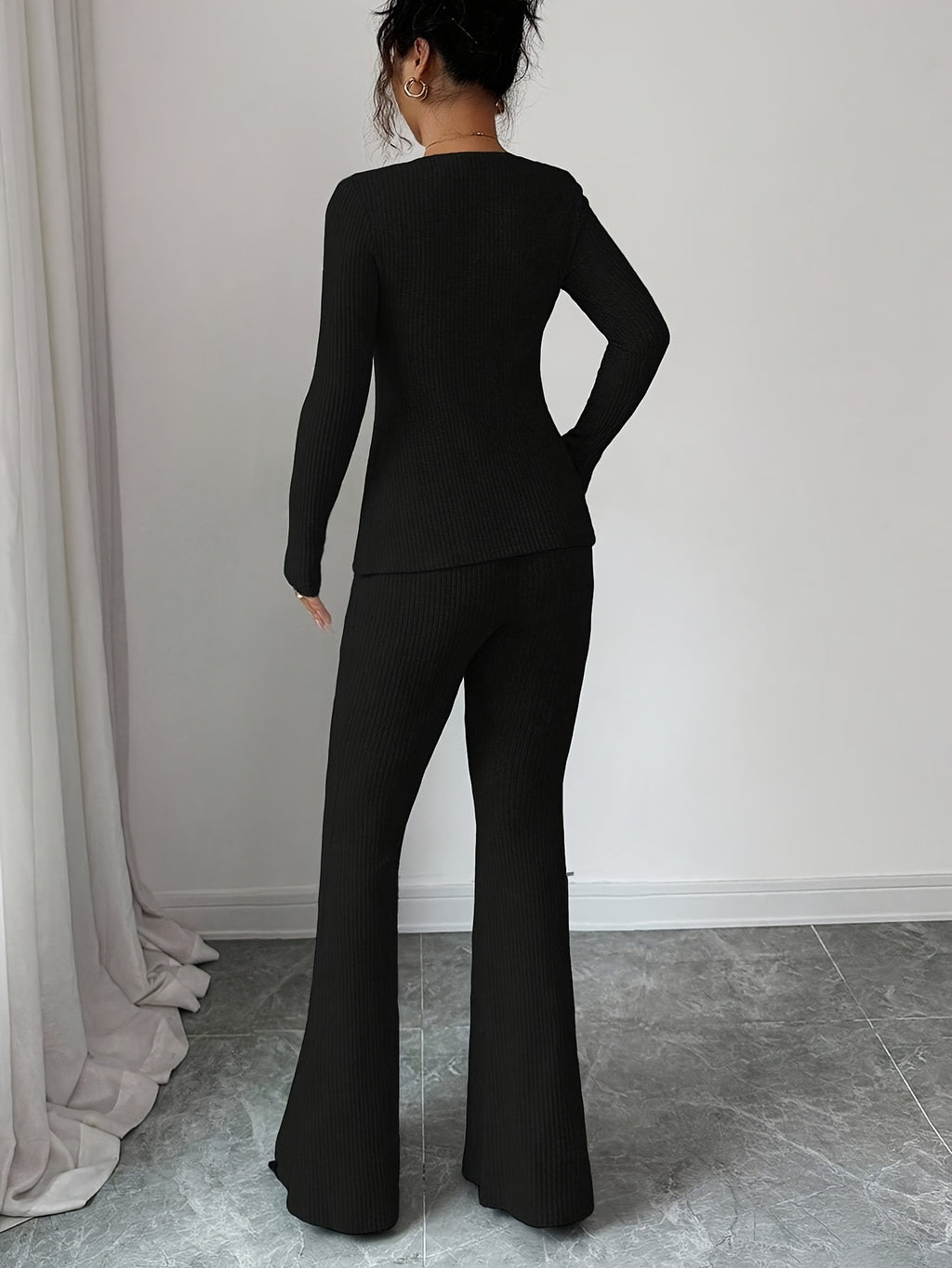 Elegant Fashion New Autumn Winter Solid Color Warm Square Neck Long Sleeve Slim Fit Waist Tie Bow Decor Top and Slim Fit Warm Flared Pants 2pcs Set - Black