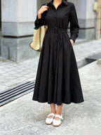 2026 Spring/Autumn Black Shirt Collar Long Sleeve Dress Women'S Cinched Waist Tie-Belt Flared Midi Skirt Commute Temperament Office Daily Versatile Blouse-Style Dress - Black