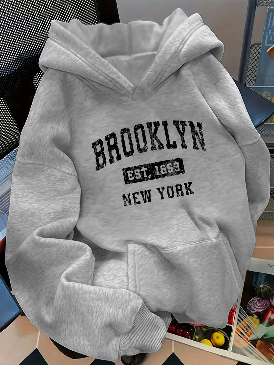 D92 - Autumn/Winter American Vintage Women's Oversized Pullover Hooded Sweatshirt, Trendy Creative Vintage New York Brooklyn Distressed Letter Graphic Print, Black Friday Outfit for Style Enthusiasts, Commuting, Casual, Winter -Lined Warm - Grey