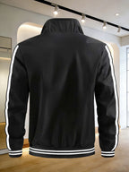 Men's Spring/Autumn Stand Collar Baseball Jacket with "BLACK" Lettering and Diamond Pattern Print, Zipper Front with Contrast Stripes, Lightweight Casual Windproof Sports Jacket - Black