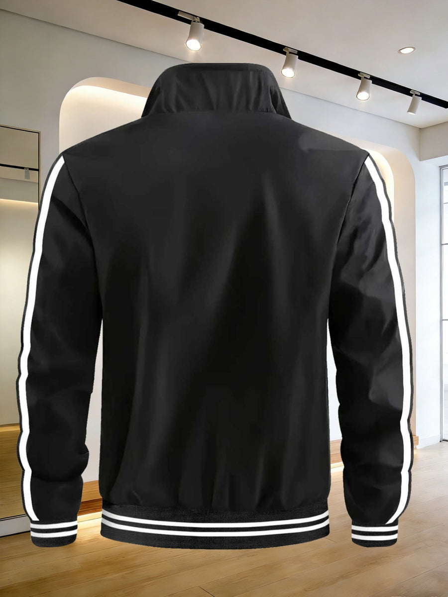 Men's Spring/Autumn Stand Collar Baseball Jacket with "BLACK" Lettering and Diamond Pattern Print, Zipper Front with Contrast Stripes, Lightweight Casual Windproof Sports Jacket - Black
