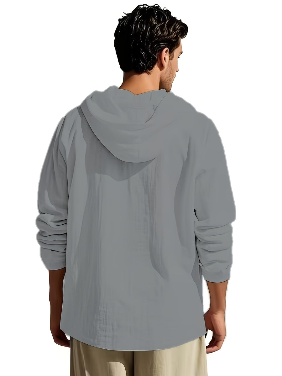 Spring/Autumn Men's Solid Color Half-Zip Hooded Long-Sleeve Single-pc Top, Simple and Comfortable Letter Print Shirt, Streetwear for Outings, Visiting, and Casual Wear - Grey
